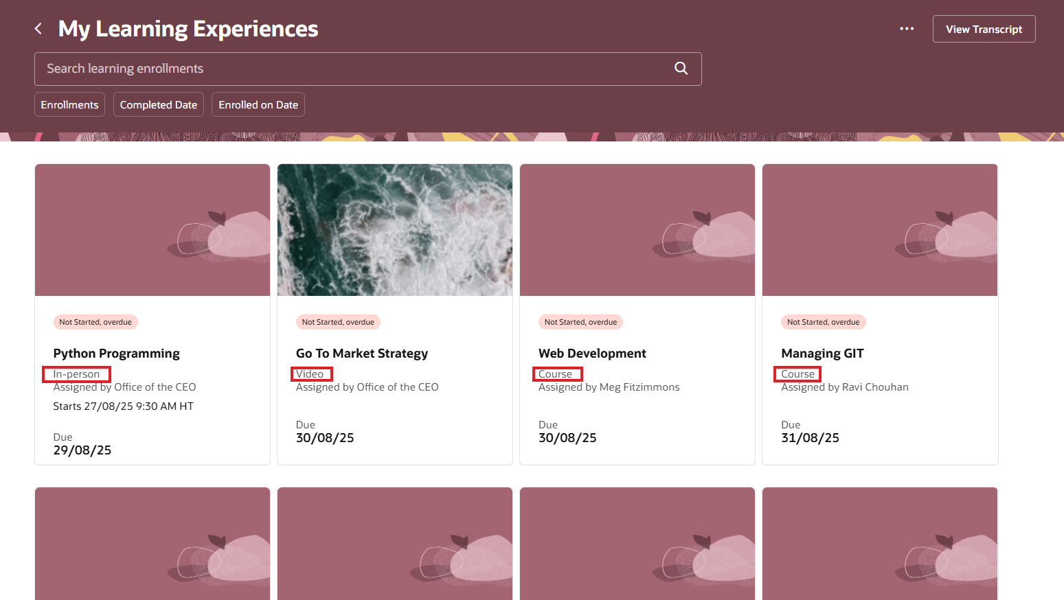 My Learning Experiences Page Showing Learning Format or Learning Type on Learning Cards