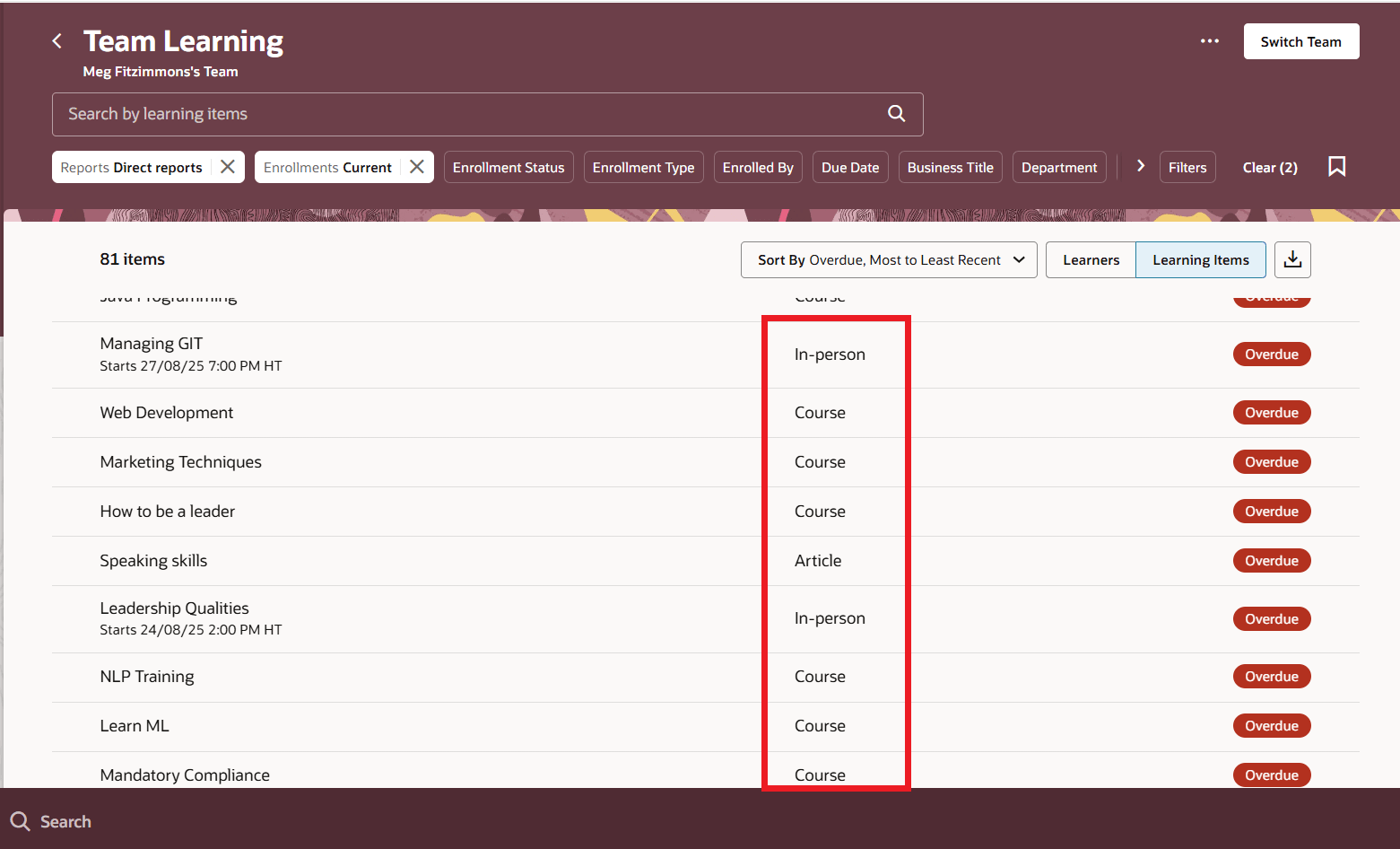 Team Learning Page Showing Combined Learning Formats and Types