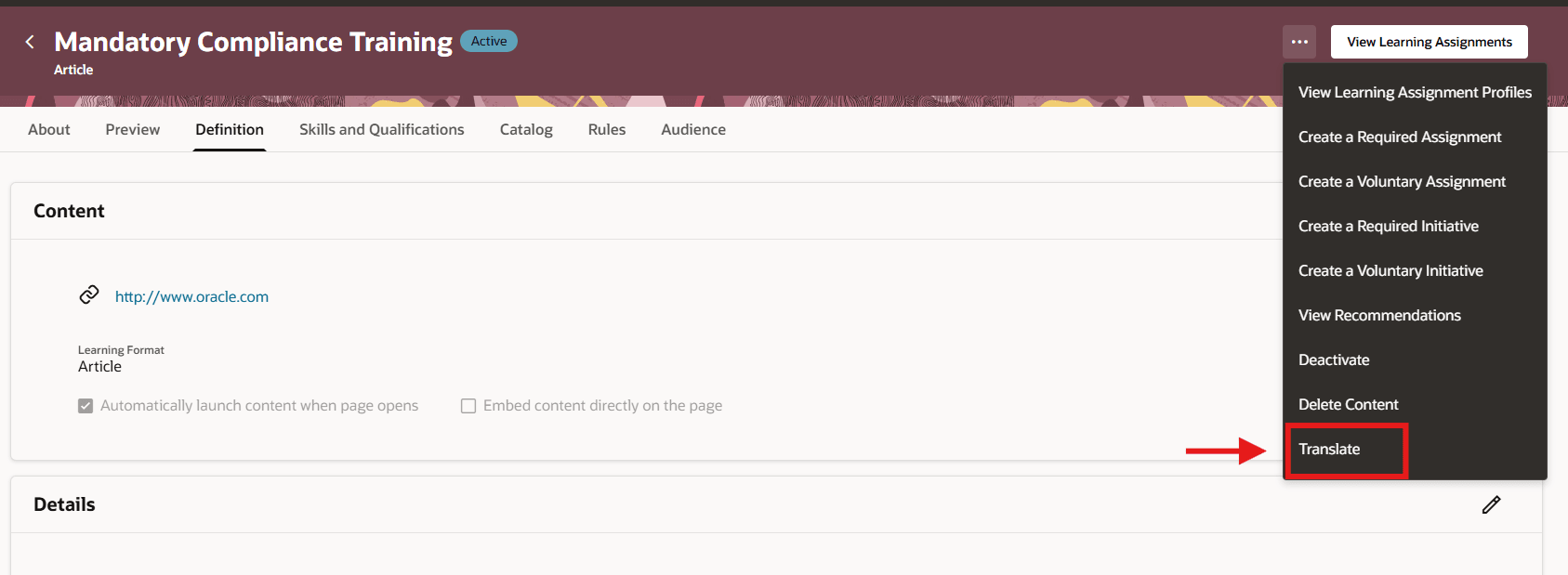 Self-Paced Learning Details Page Showing the More Actions > Translate Menu Option