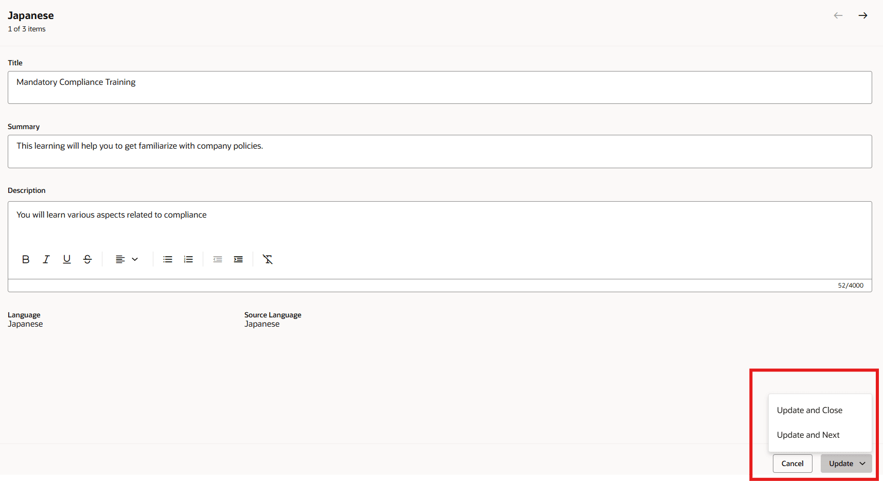 Update Menu Button Options Available After Selecting Multiple Languages on the Translation Editor Page