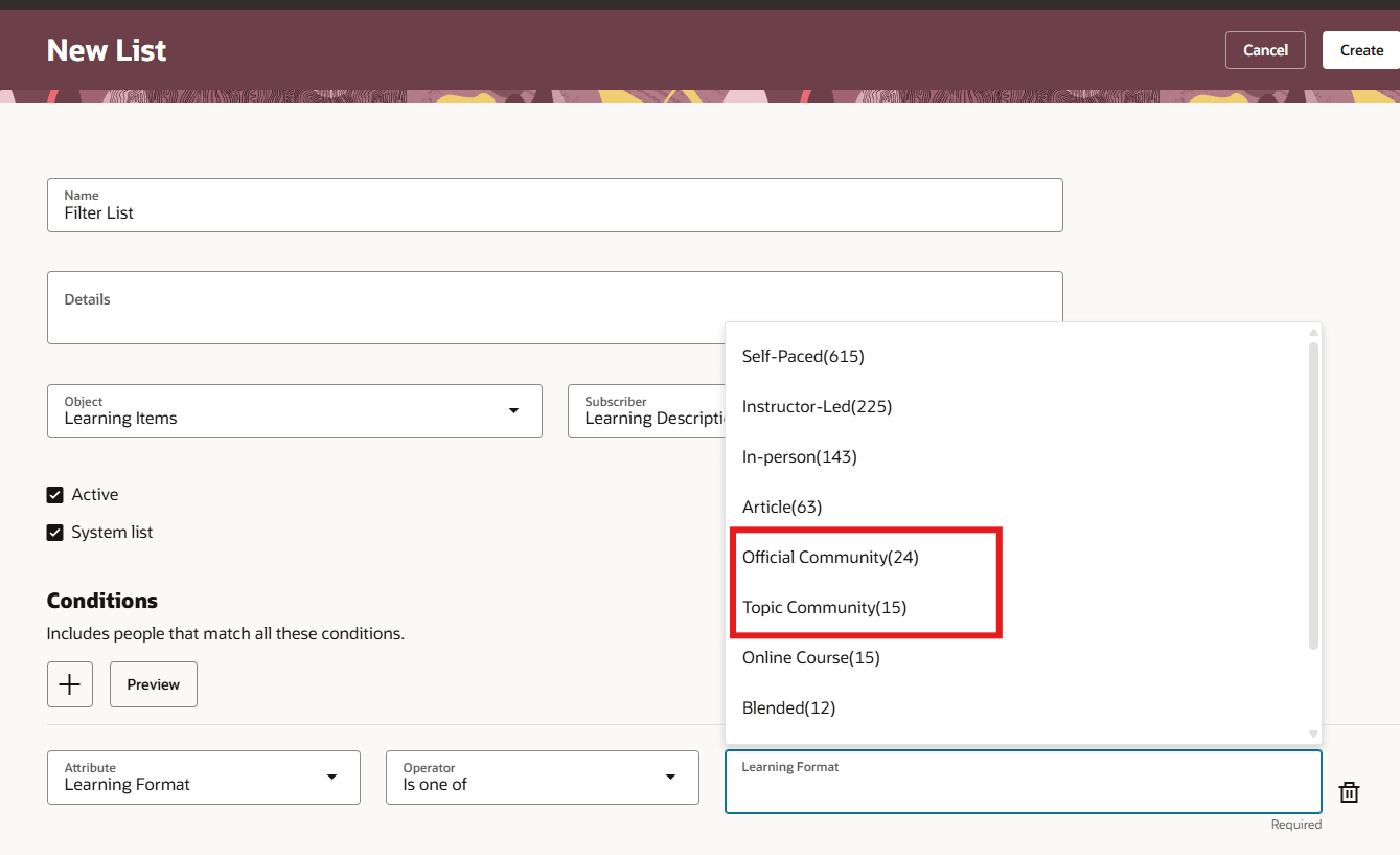 New Filtered List Showing the Official Community and Topic Community Options in the Learning Format Choice List.