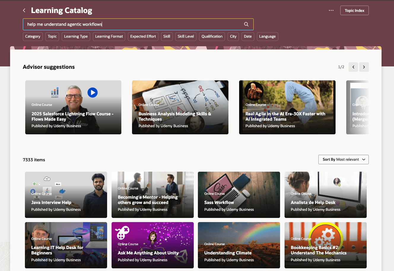 Learning Catalog Page Showing Advisor Suggestions