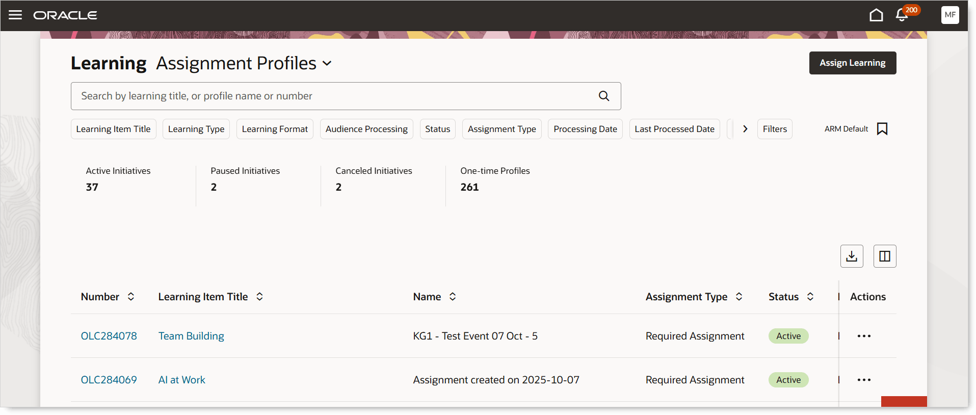 Learning Assignment Profiles Page