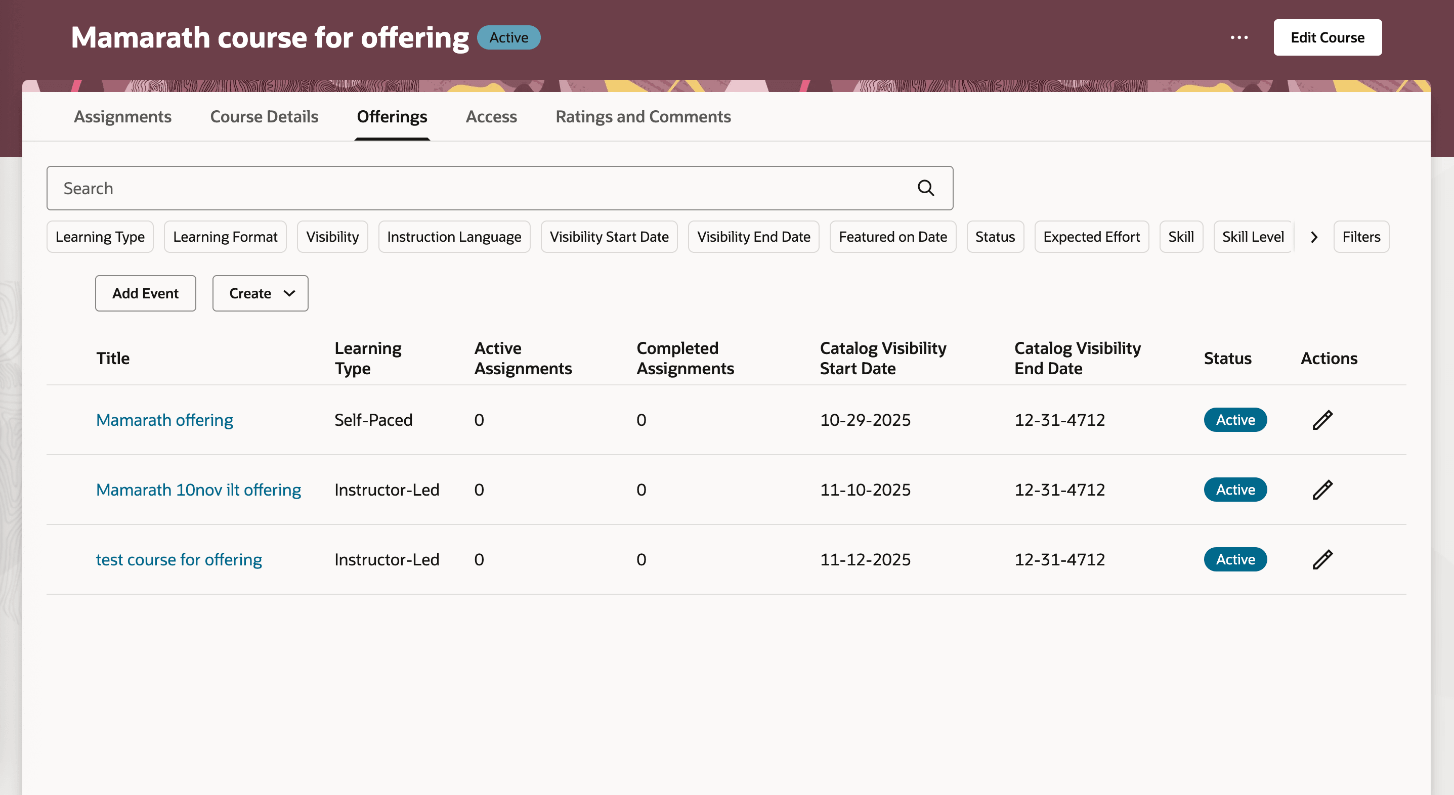 Offerings Tab: Unified View of Linked Learning Offerings and Events