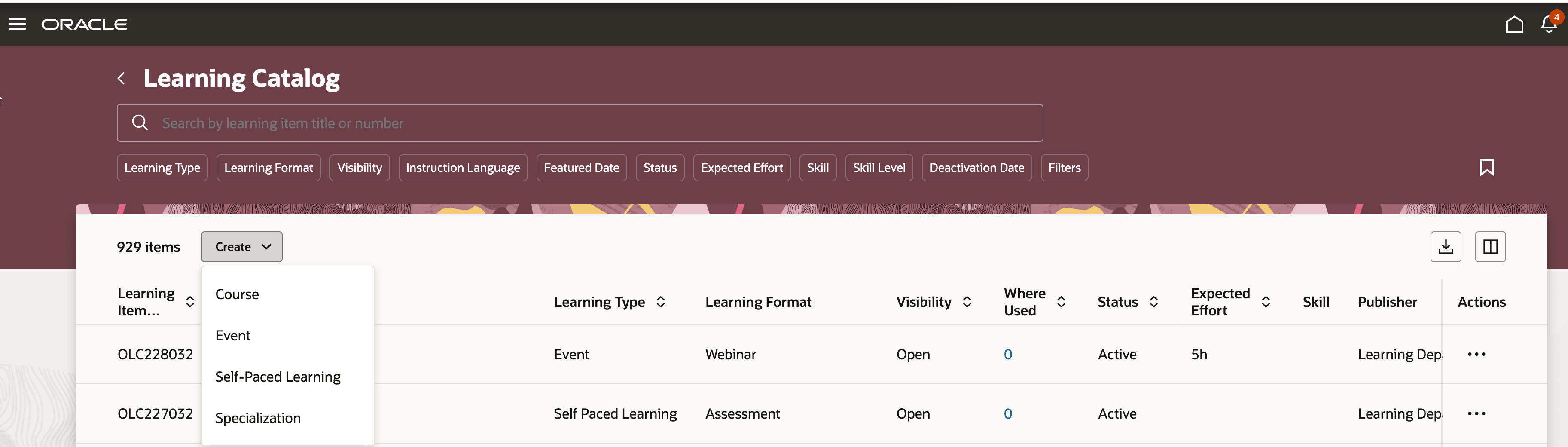 Learning Catalog Page with Option to Create an Event