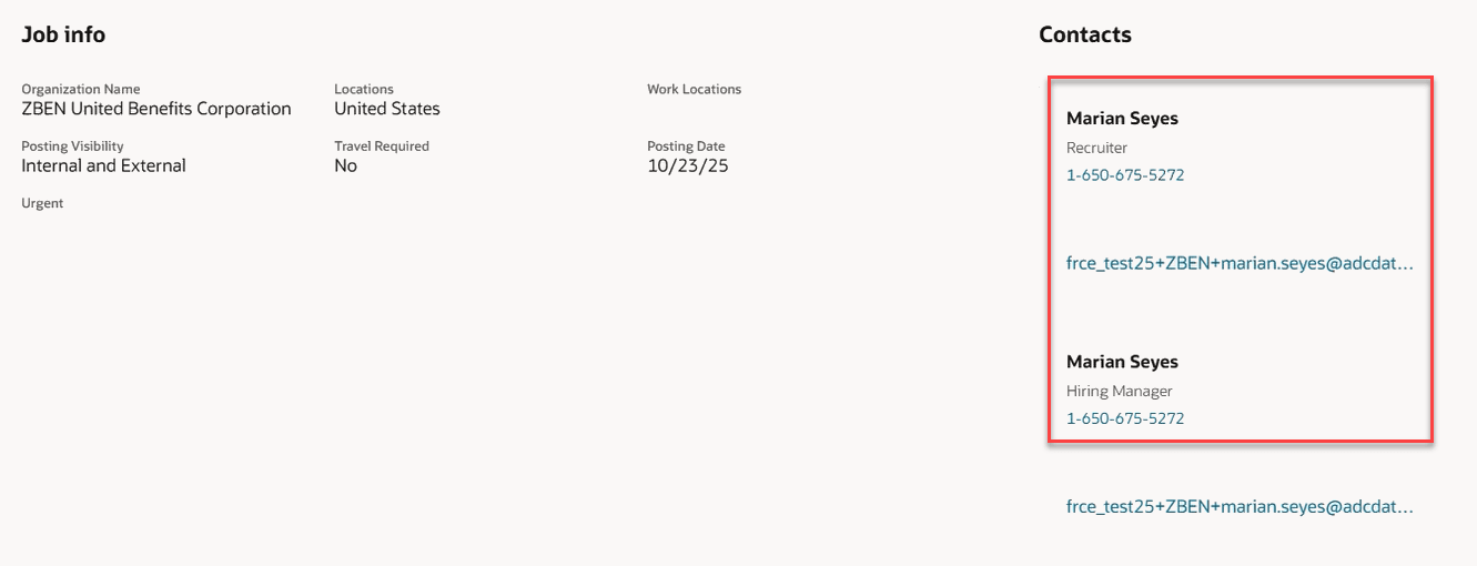 Contacts Card Showing Recruiter and Hiring Manager