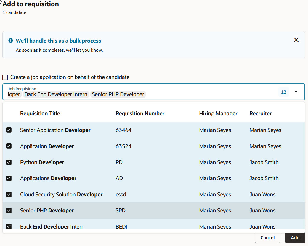 Selection of Multiple Requisitions in the Add to Requisition Panel
