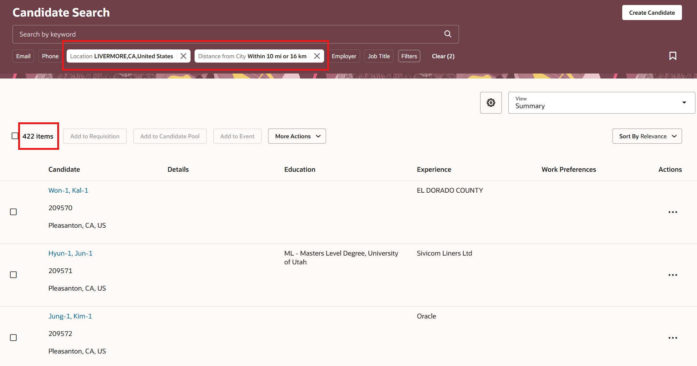 Search Results of Location Filter with Radius Filter Applied