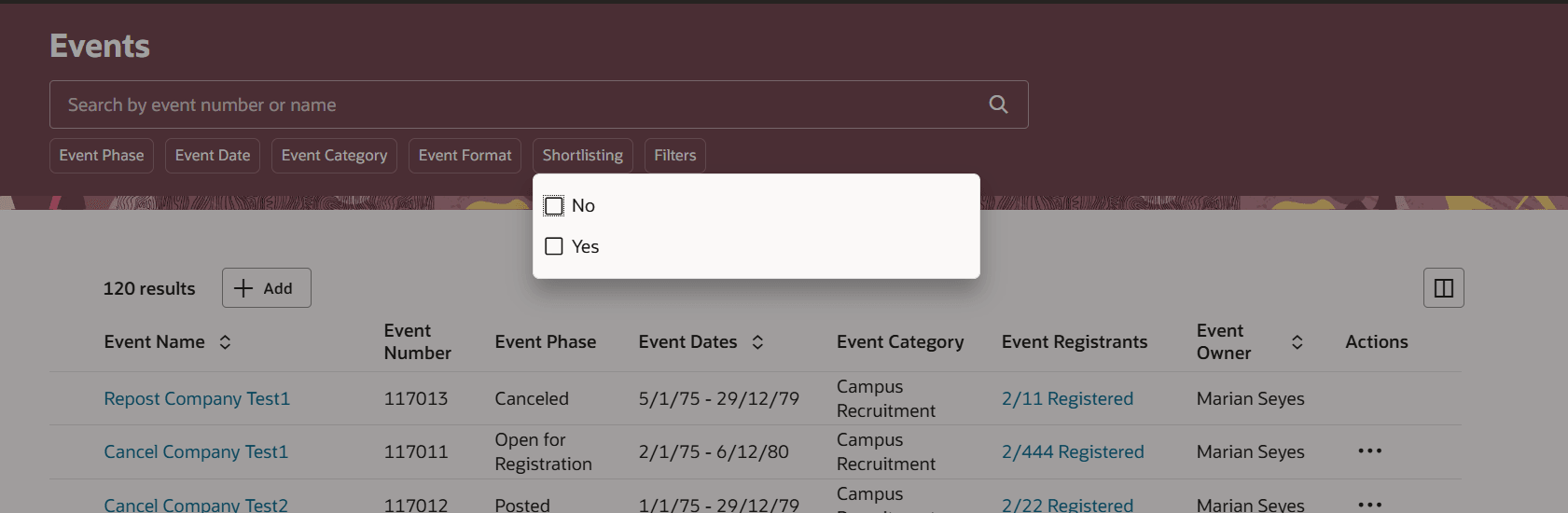 Filter Events For Those with Shortlisting Enabled