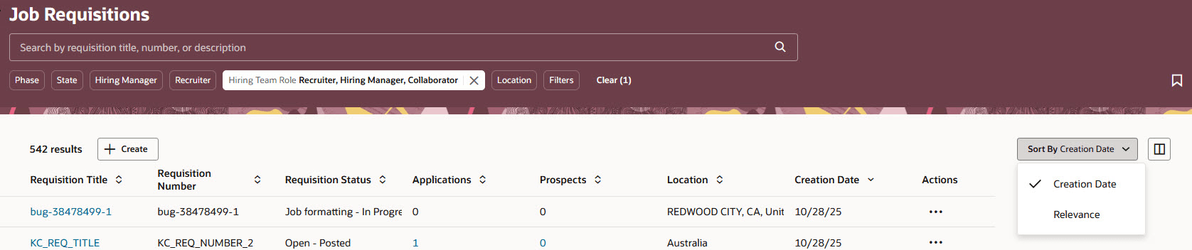 Job Requisitions Sorted by Creation Date