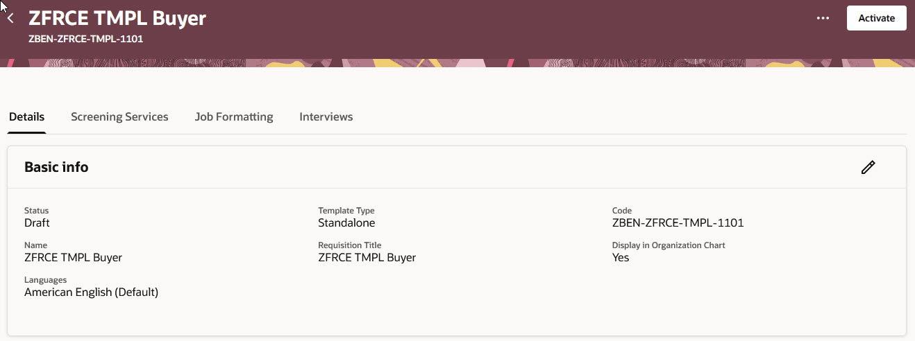 Activate Button on the Job Requisition Template Page