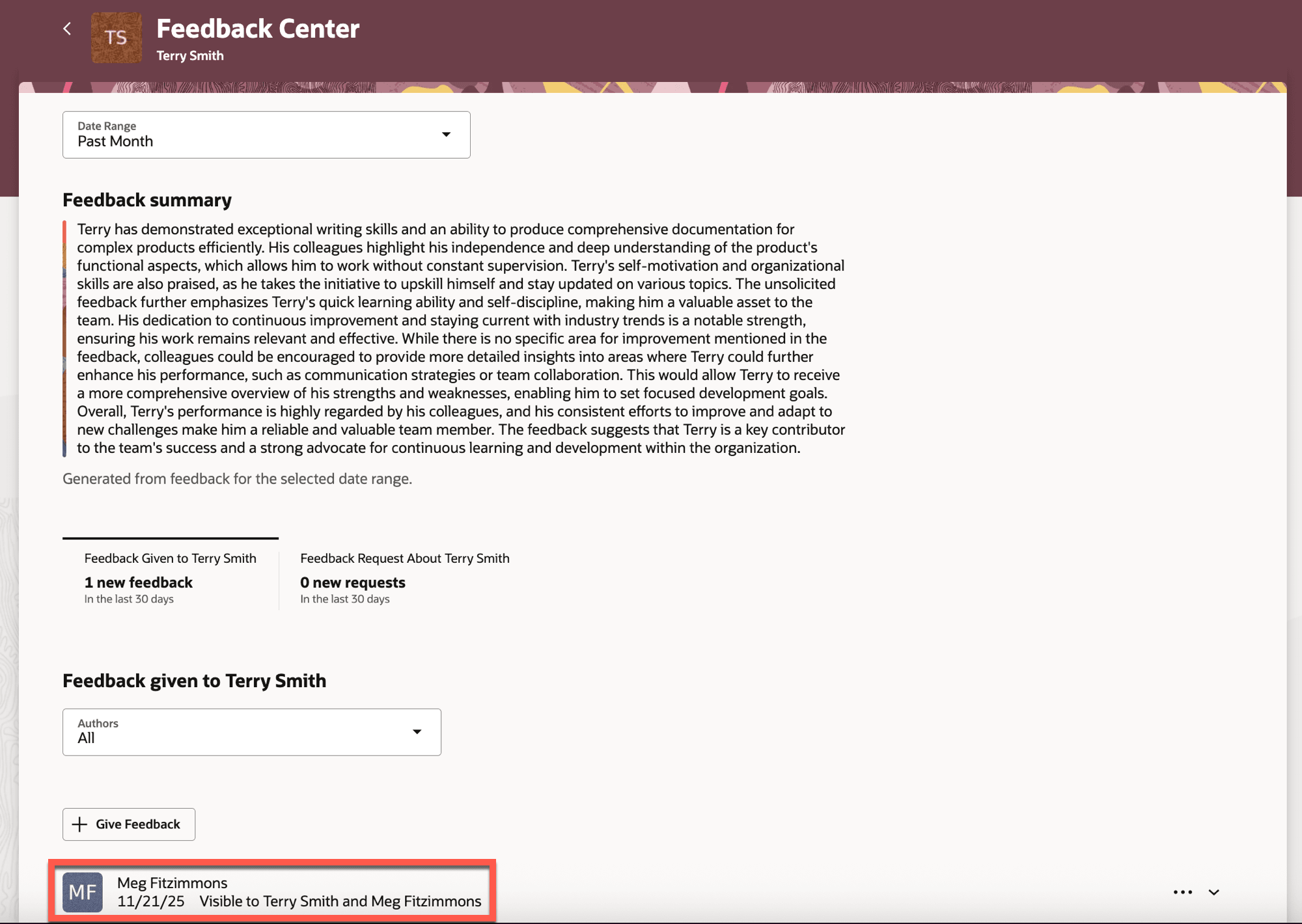 Feedback is set to be visible only to the feedback receiver and provider, but can be viewed by HR