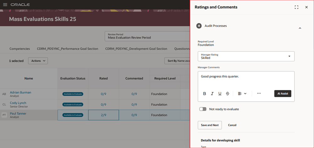 Screenshot of a performance document in All-in-One Evaluations with the skill details highlighted in the panel drawer.
