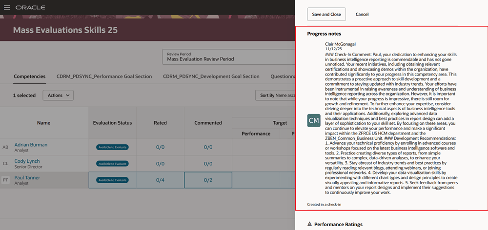 Screenshot of a performance document in All-in-One Evaluations with the check-in progress notes for a competency highlighted.