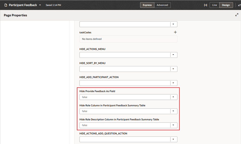 Screenshot of Visual Builder Studio with Participant Feedback page properties highlighted.