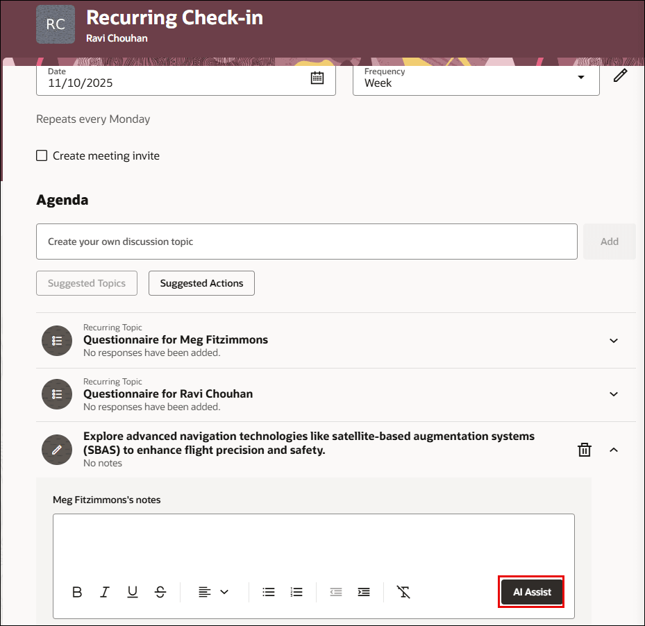 AI Assist button in Suggested Topics notes