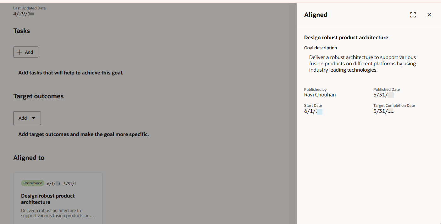 Aligned panel showing details about the aligned goal