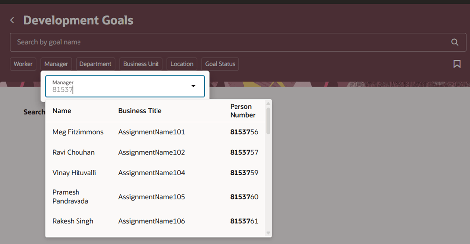 Development Goals Page with Manager filter
