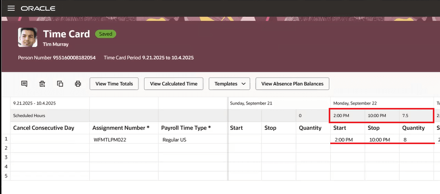 Time Card with Report Time Highlighted