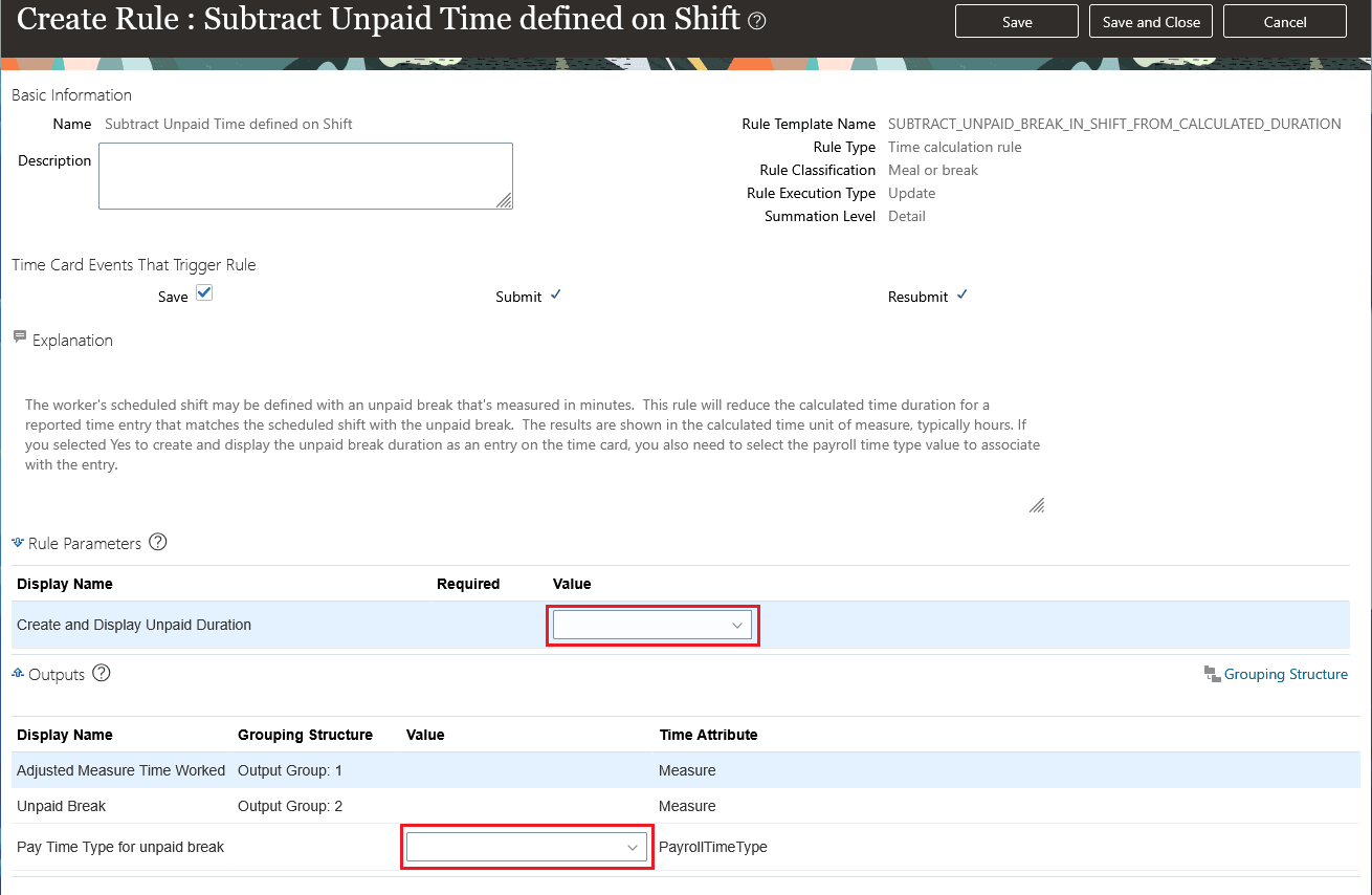 Create Rule Page with the Relevant Rule Parameters and Outputs highlighted