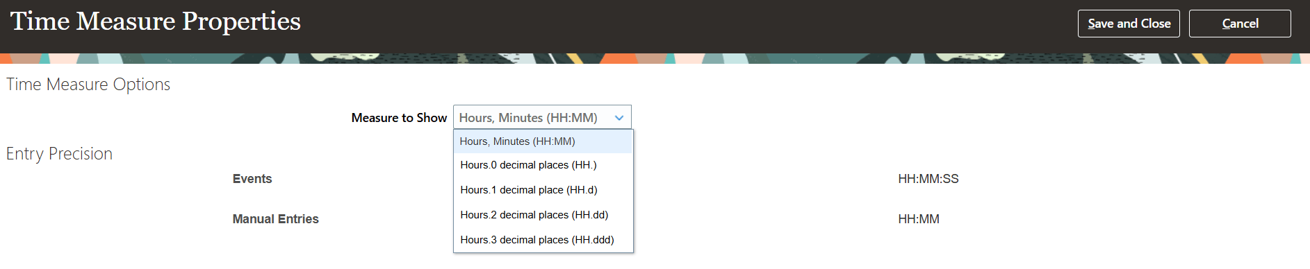 Time Measure Properties Page Showing the Measure to Show Options