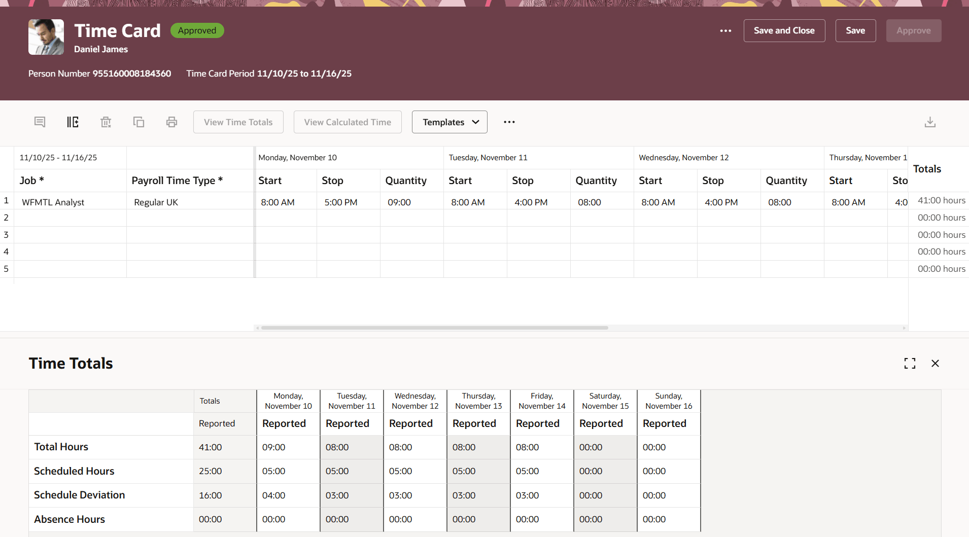 Time Card with Time Totals Measured in Hours and Minutes.