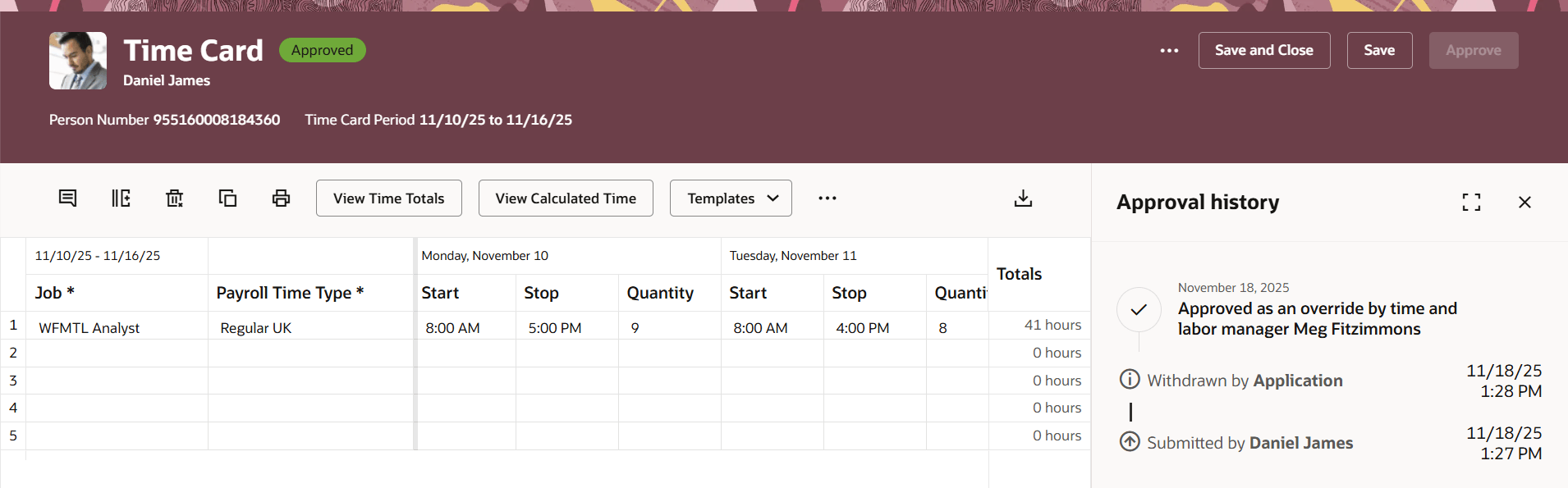 Time Card Approval History Drawer Showing an Approval Override