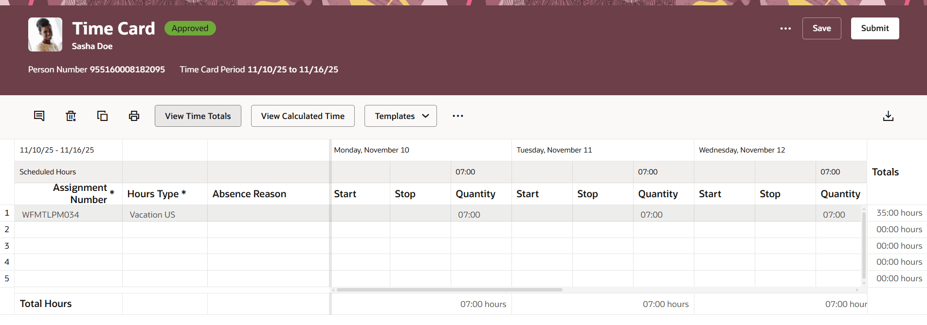 Time Card with a Completed, Locked Absence
