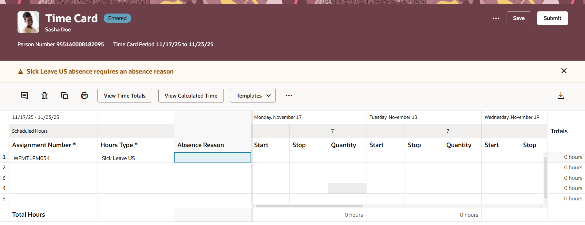 Time Card with a Warning Message for a Required Absence Reason