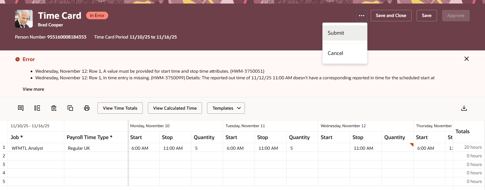 In Error Time Card Showing the More Actions > Submit Option