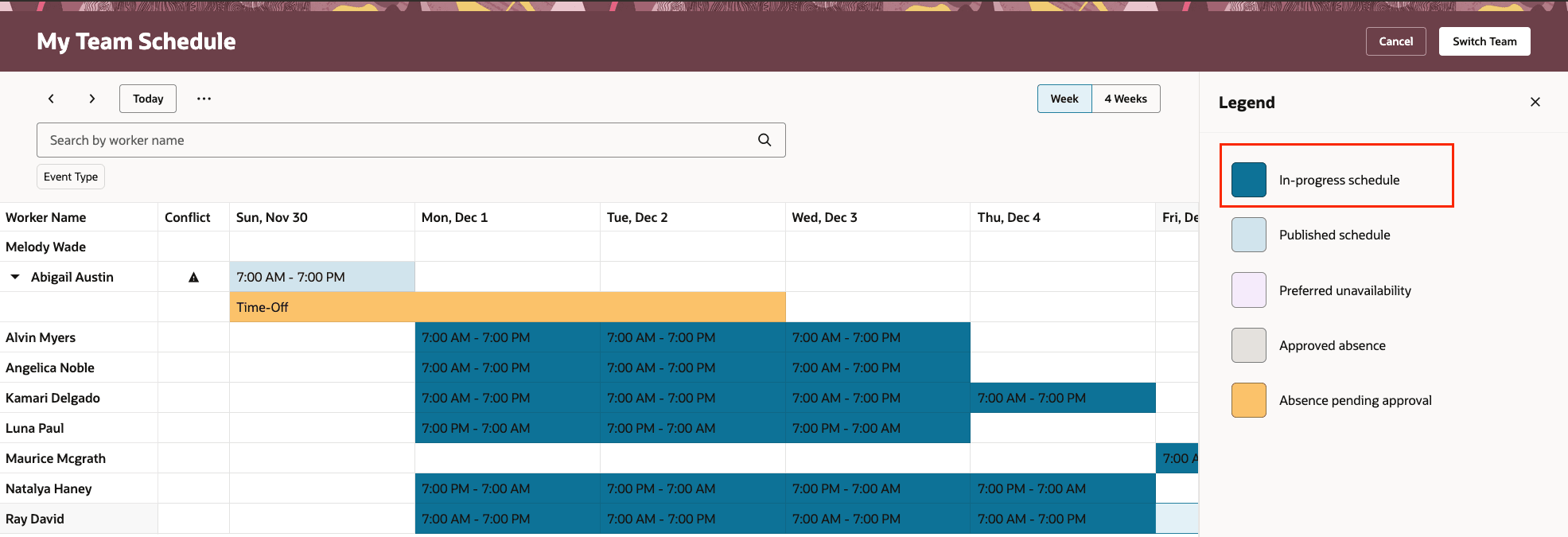 Team Schedule Page Showing In-Progress Schedules
