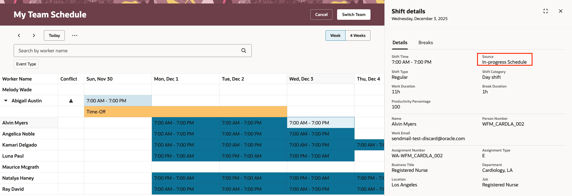 Shift Details Drawer showing In-Progress Schedule as a Shift Source