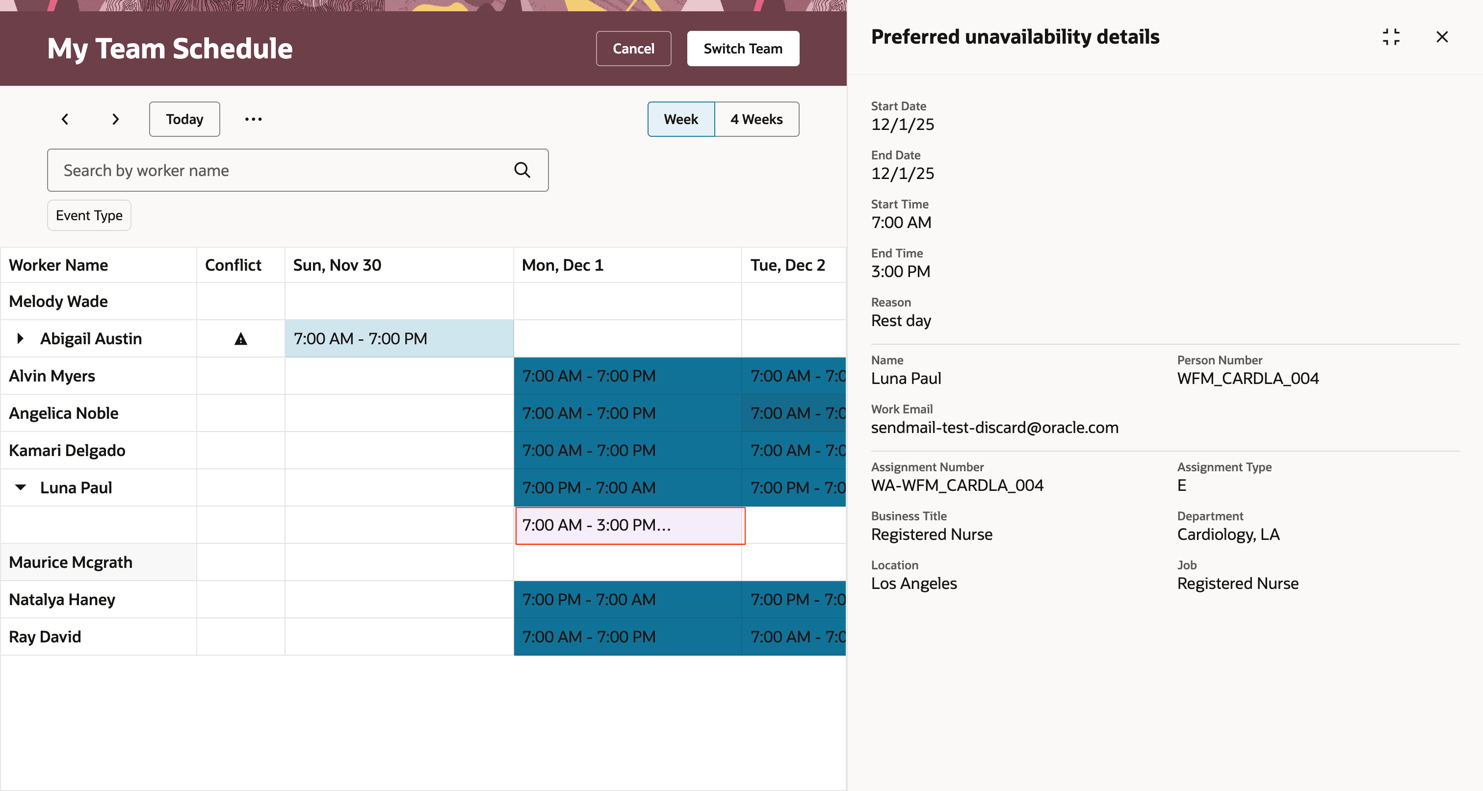 Team Schedule Page Showing Partial Unavailability
