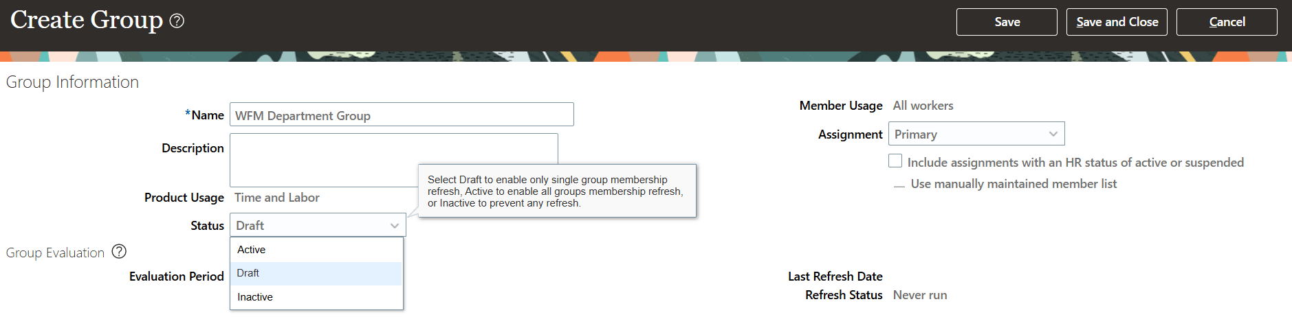 Create Group Page Showing the Status Options