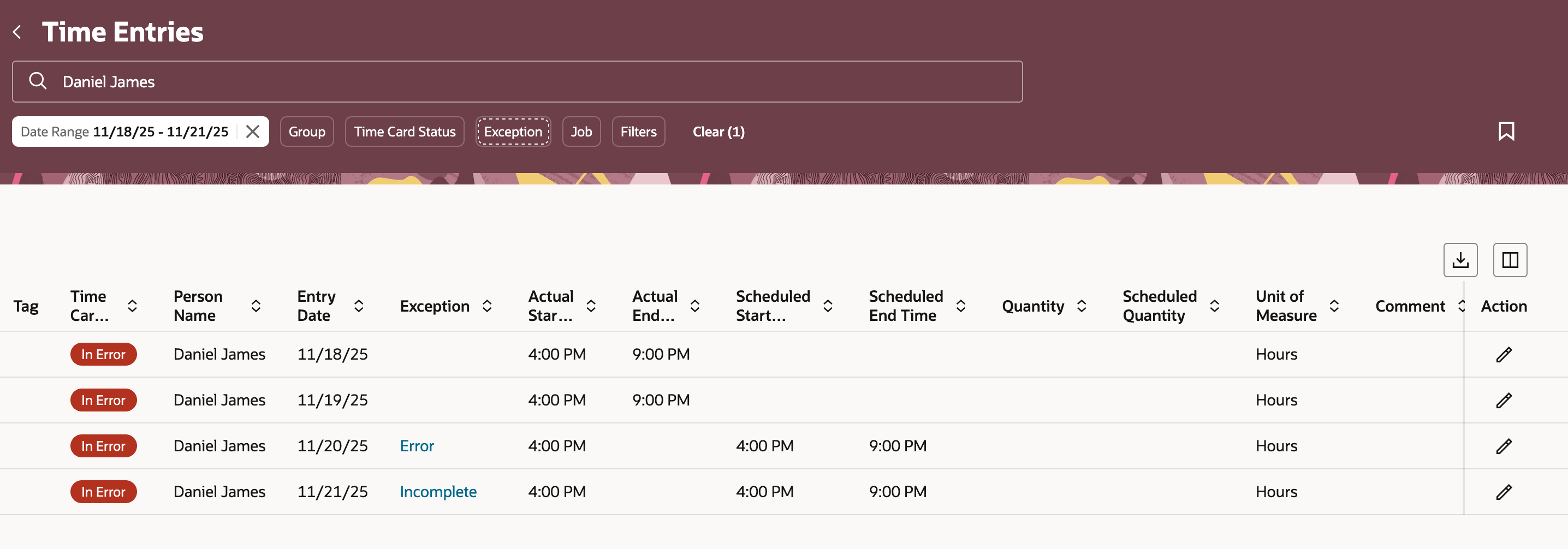 Time Entries Page Showing the New Exception Filter Option