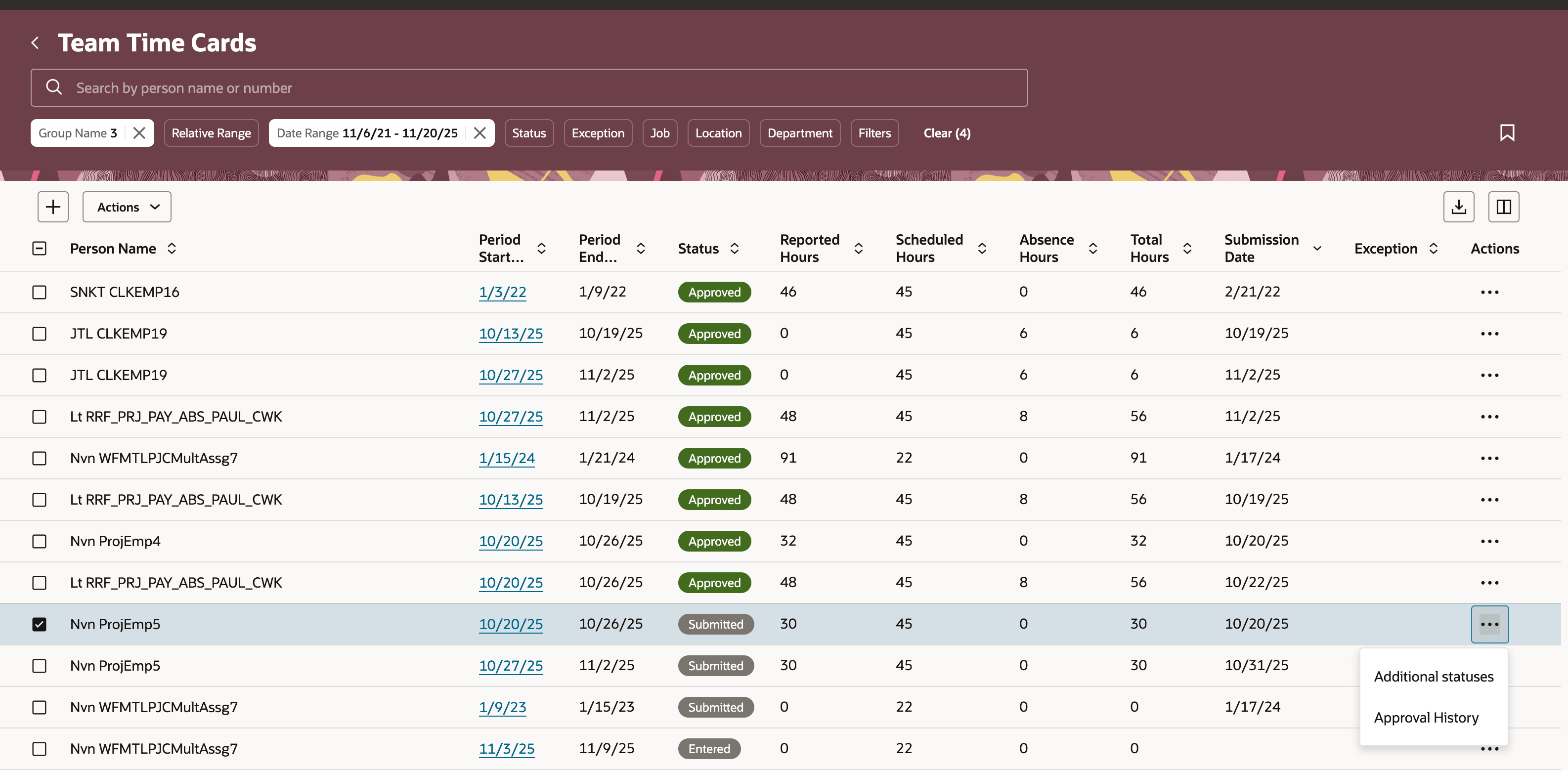 Team Time Cards Page Showing the Row-Level Overflow Actions