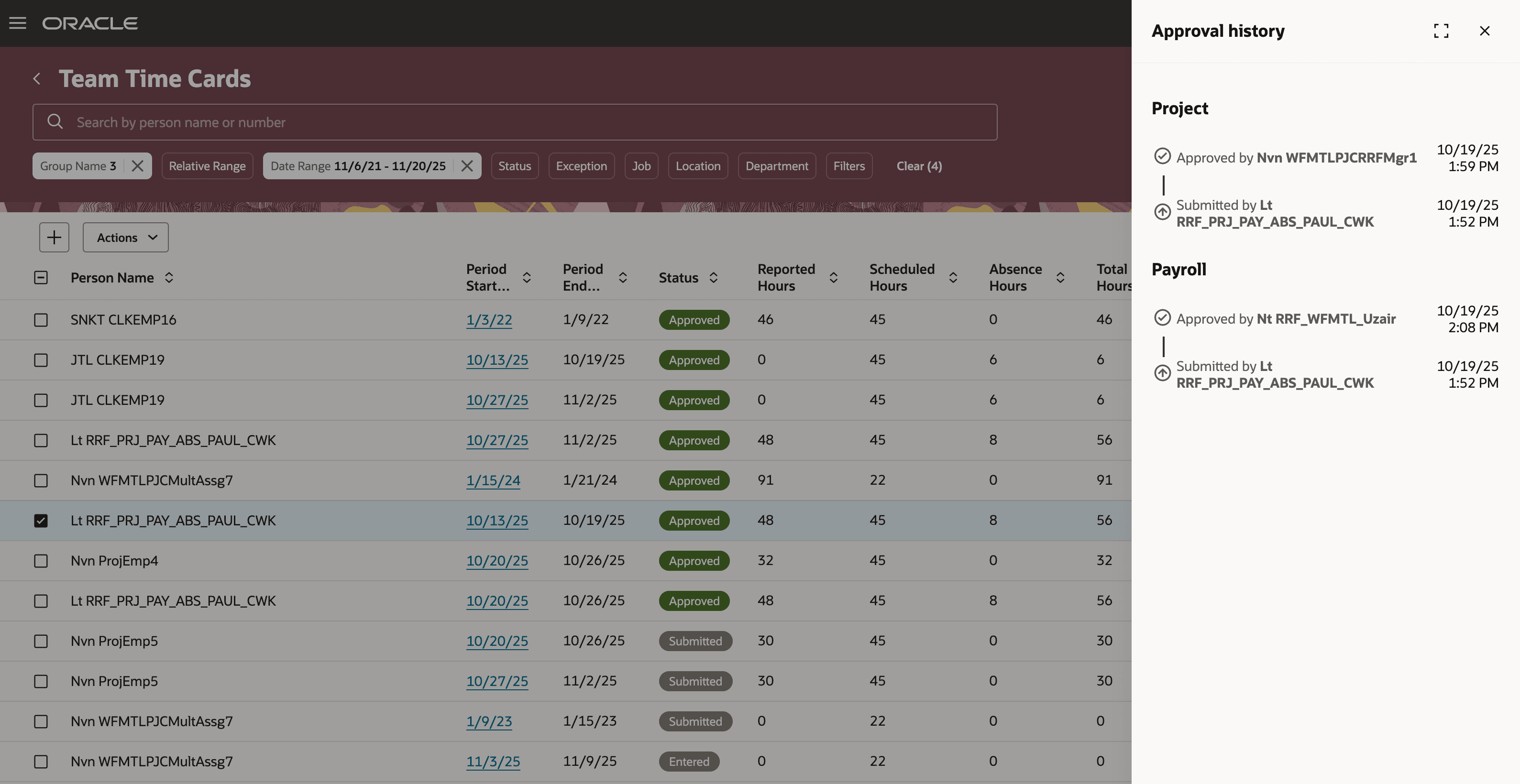 Approval History Drawer Opened from the Team Time Cards Page