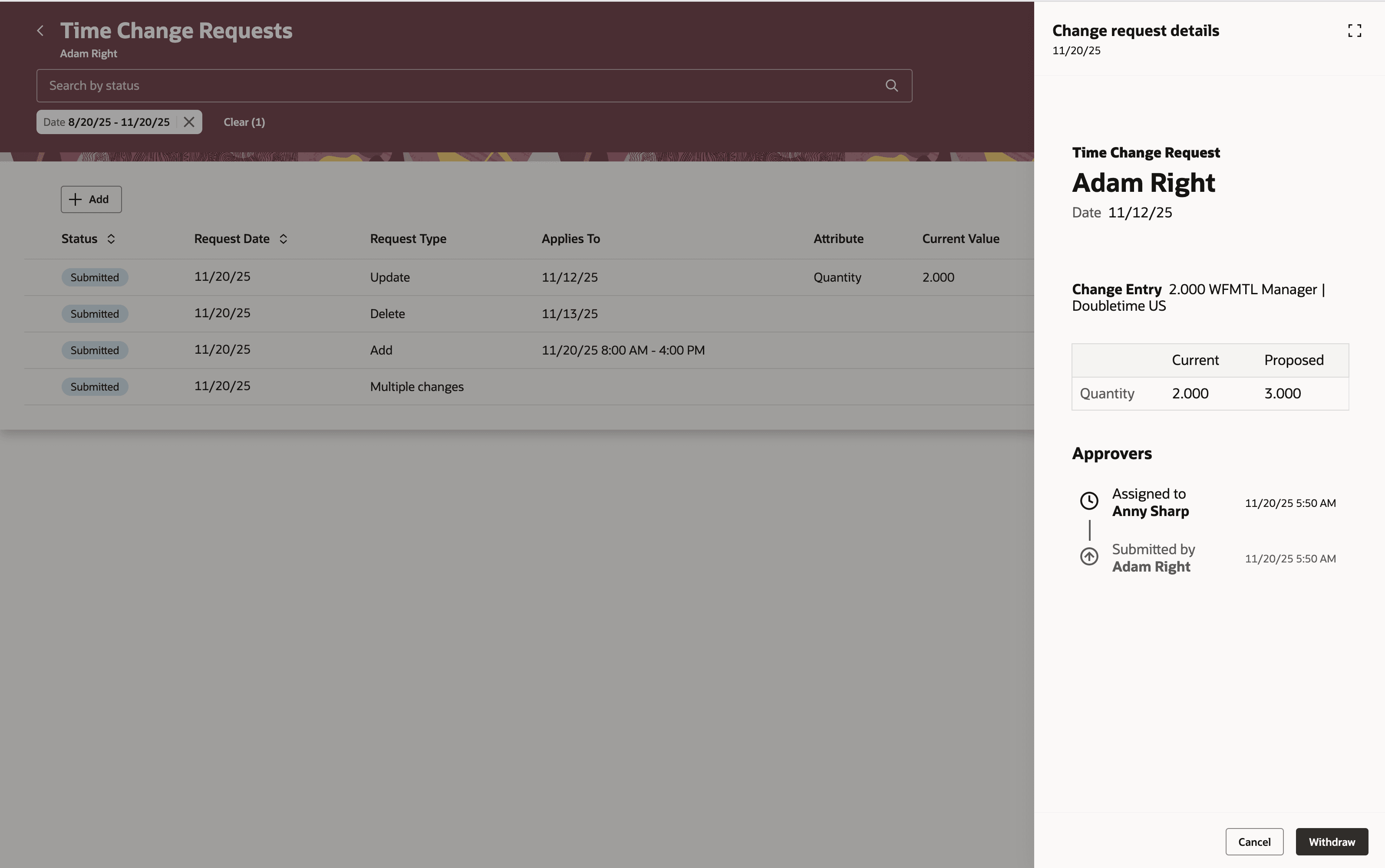 Change Request Details Drawer with the Withdraw Action