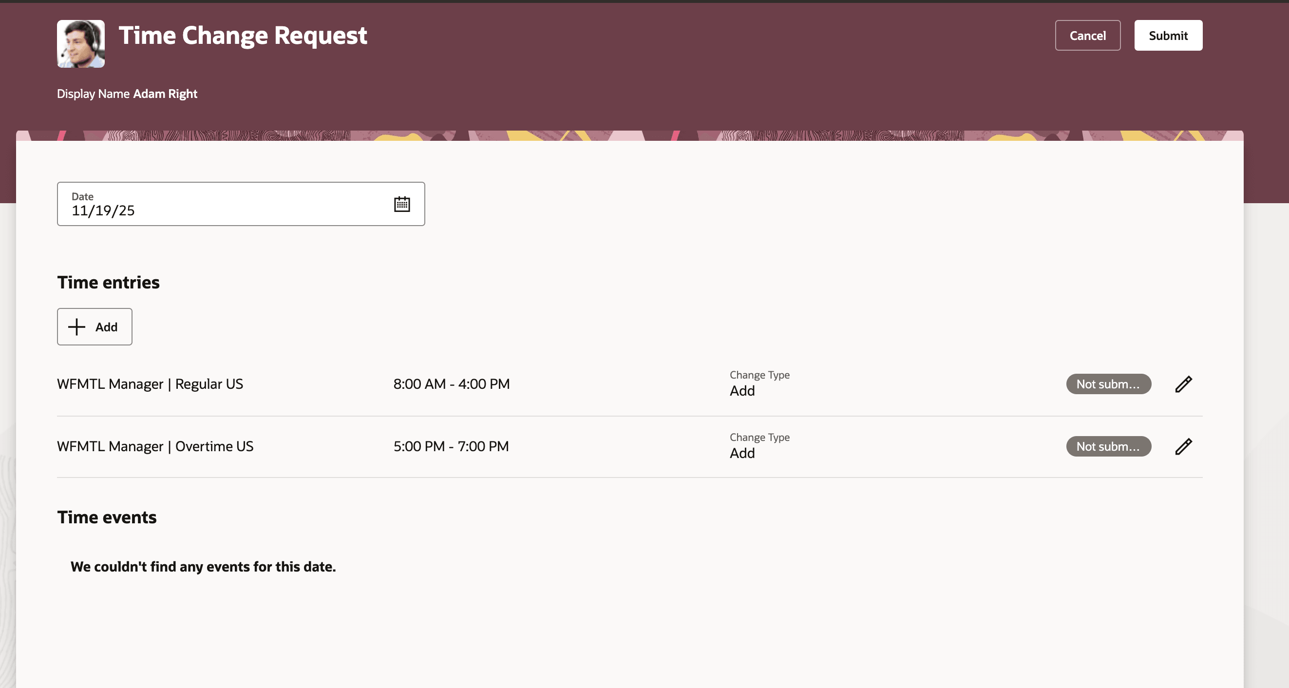 Time Change Request Page with the New Change Type Column