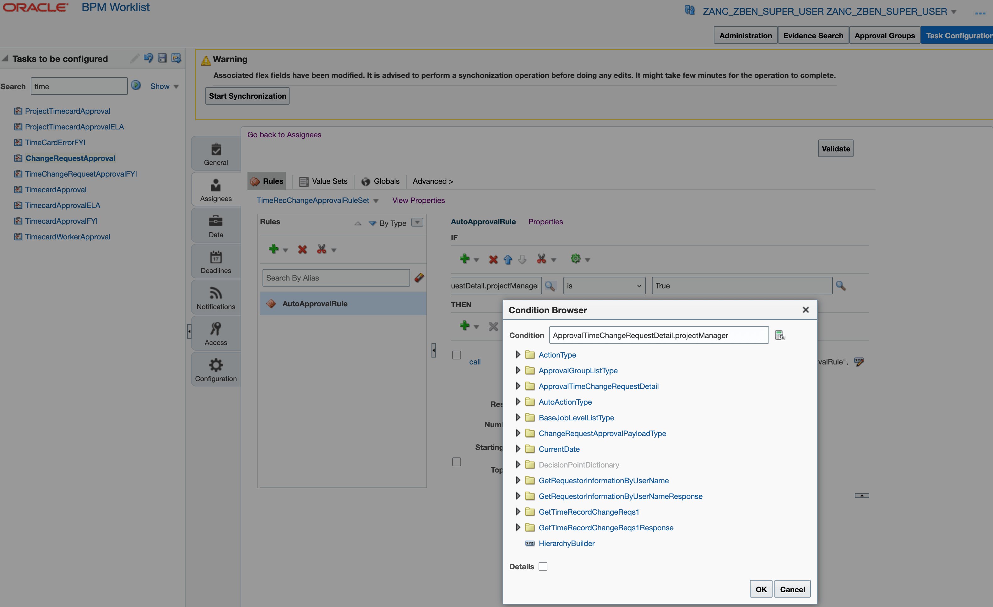 BPM Worklist Showing the ChangeRequestApproval Task and Condition Browser with the New Attribute
