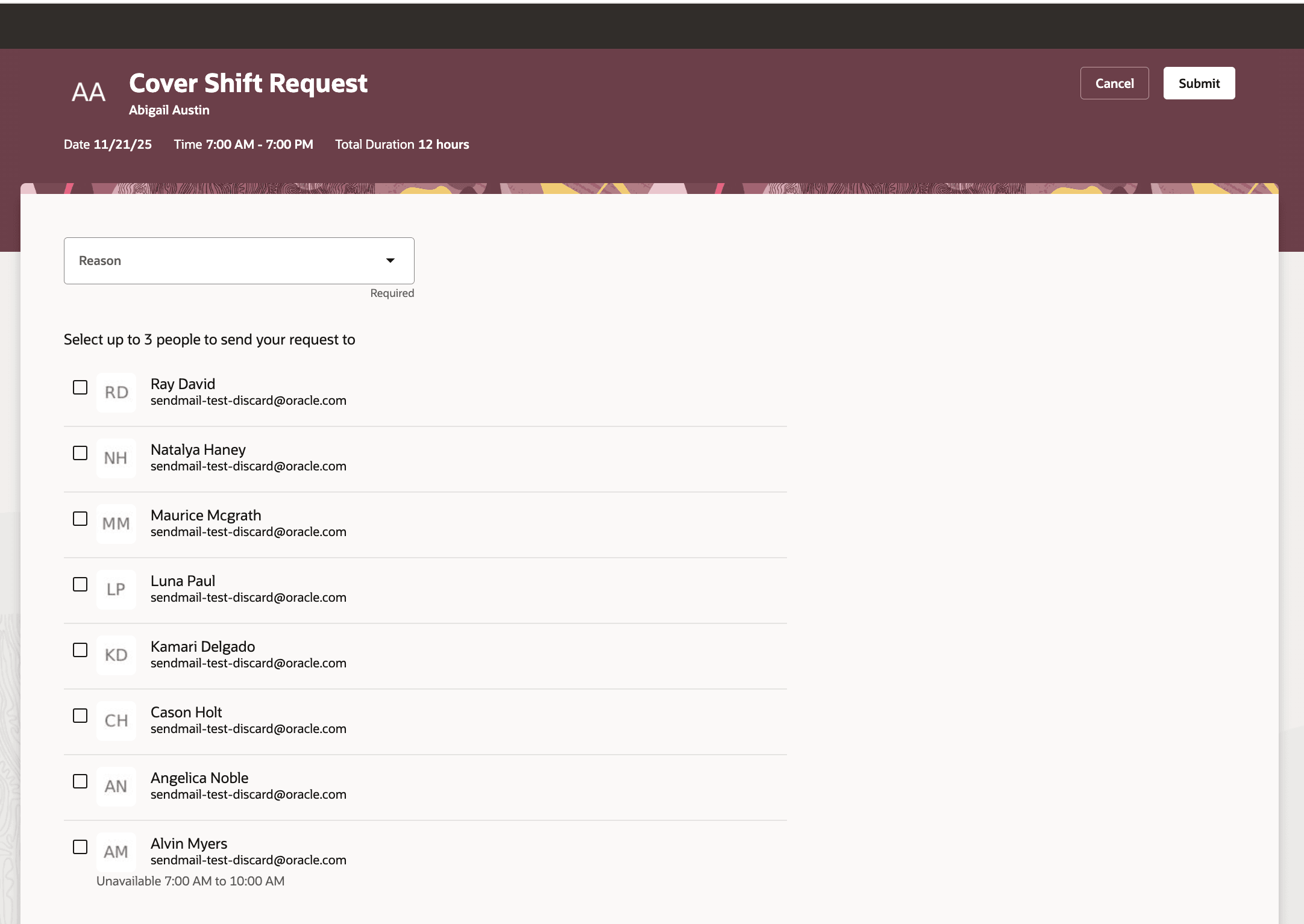 Cover Shift Request Showing Unavailability for 1 Coworker