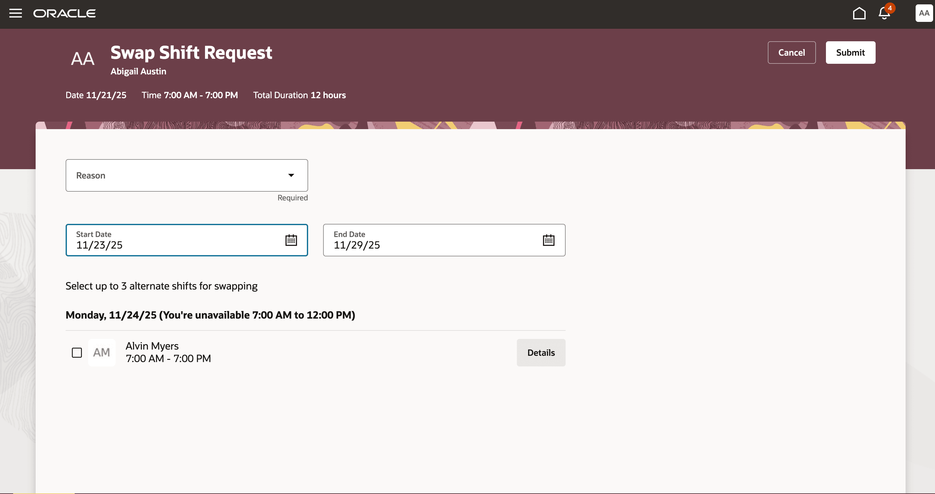 Swap Shift Request Showing the Requestor's Unavailability Overlapping with a Potential Shift