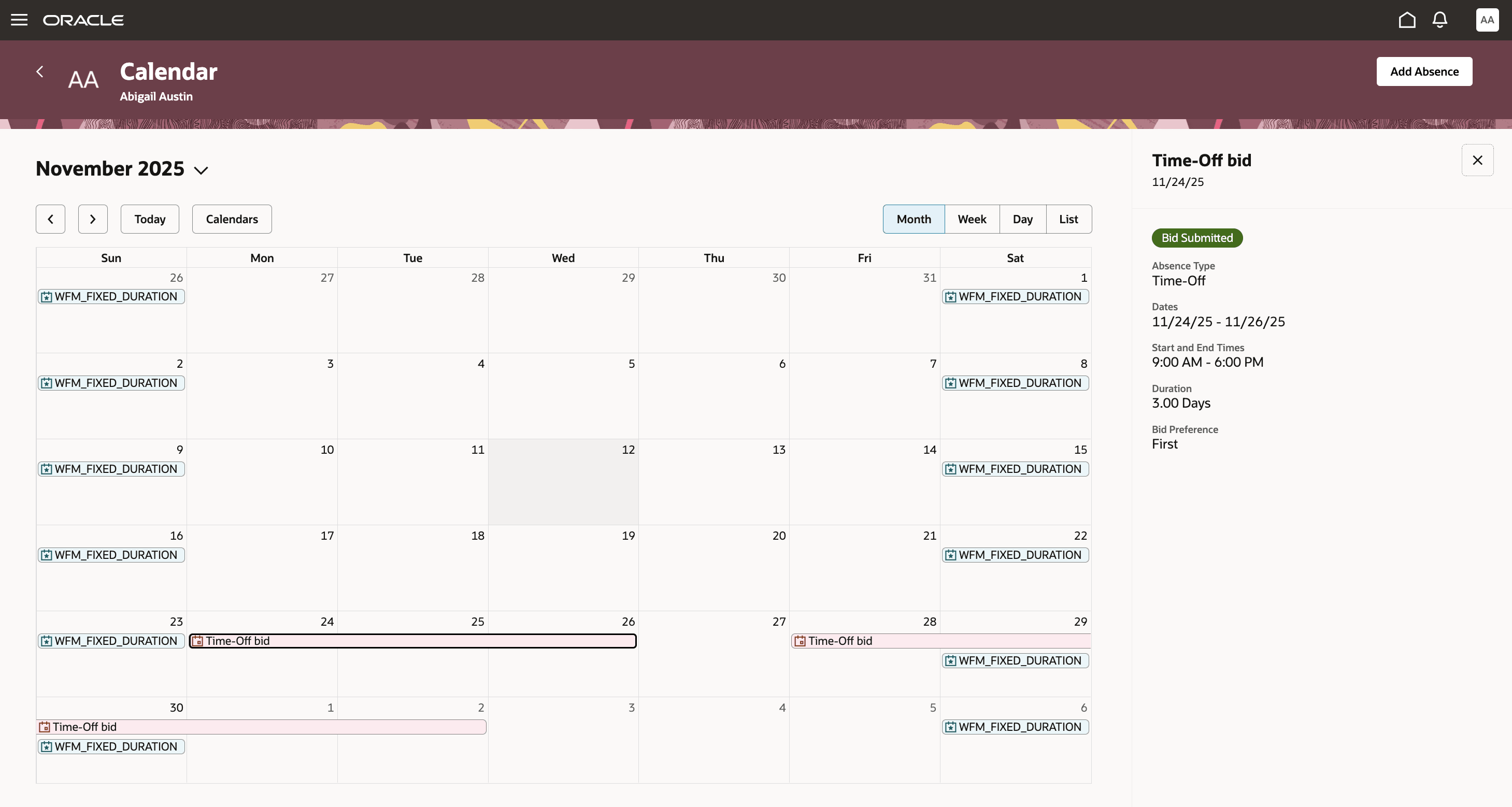 Worker's Personal Calendar Showing Absence Bids and Bid Details Drawer