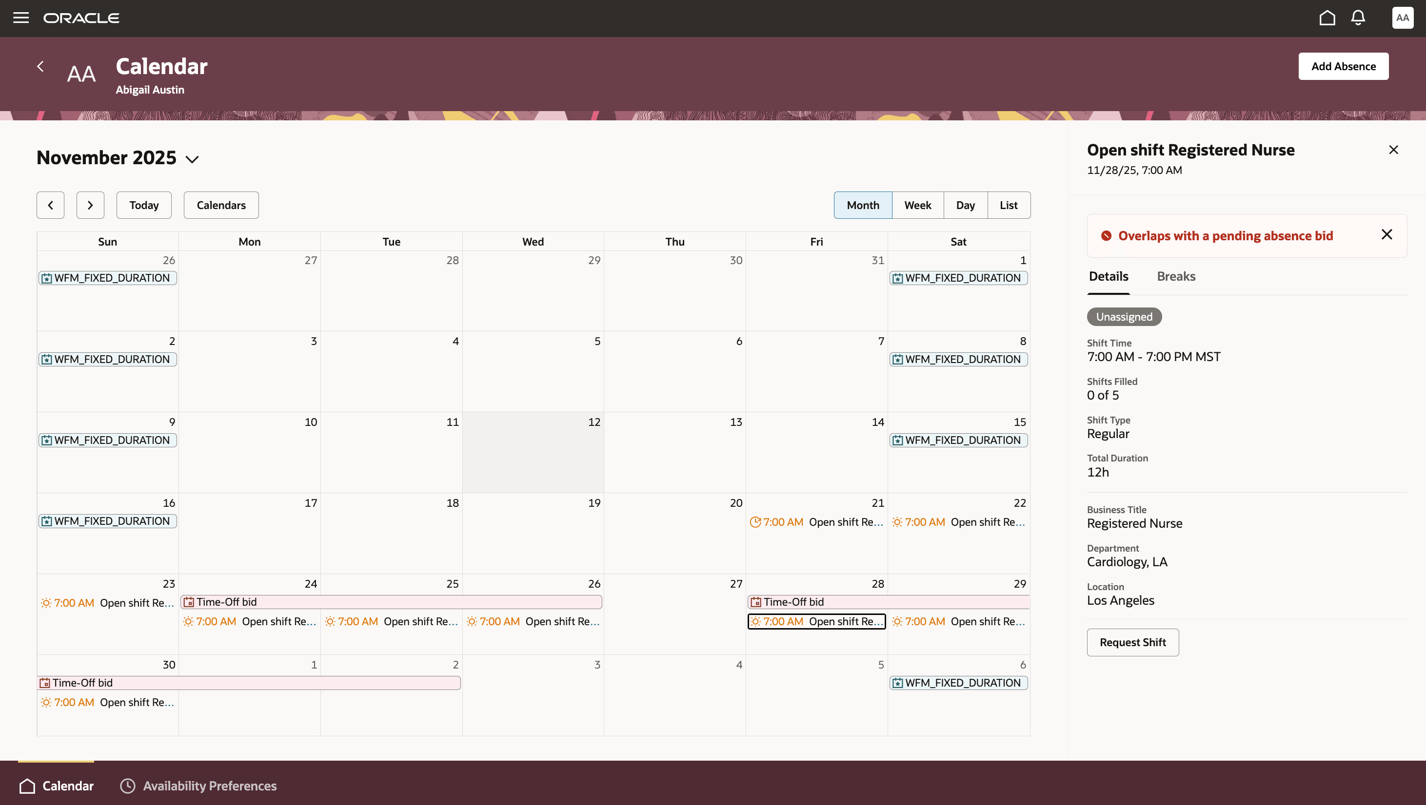 Worker's Personal Calendar Showing How They Can't Request an Open Shift Because It Overlaps with a Pending Absence Bid