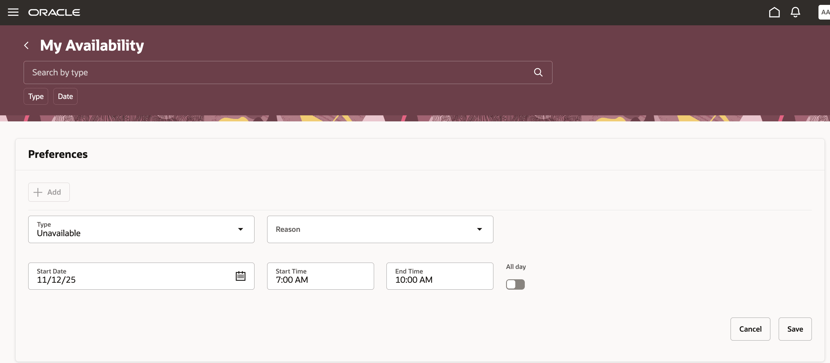 My Availability Page Showing the Unavailable Preference Settings