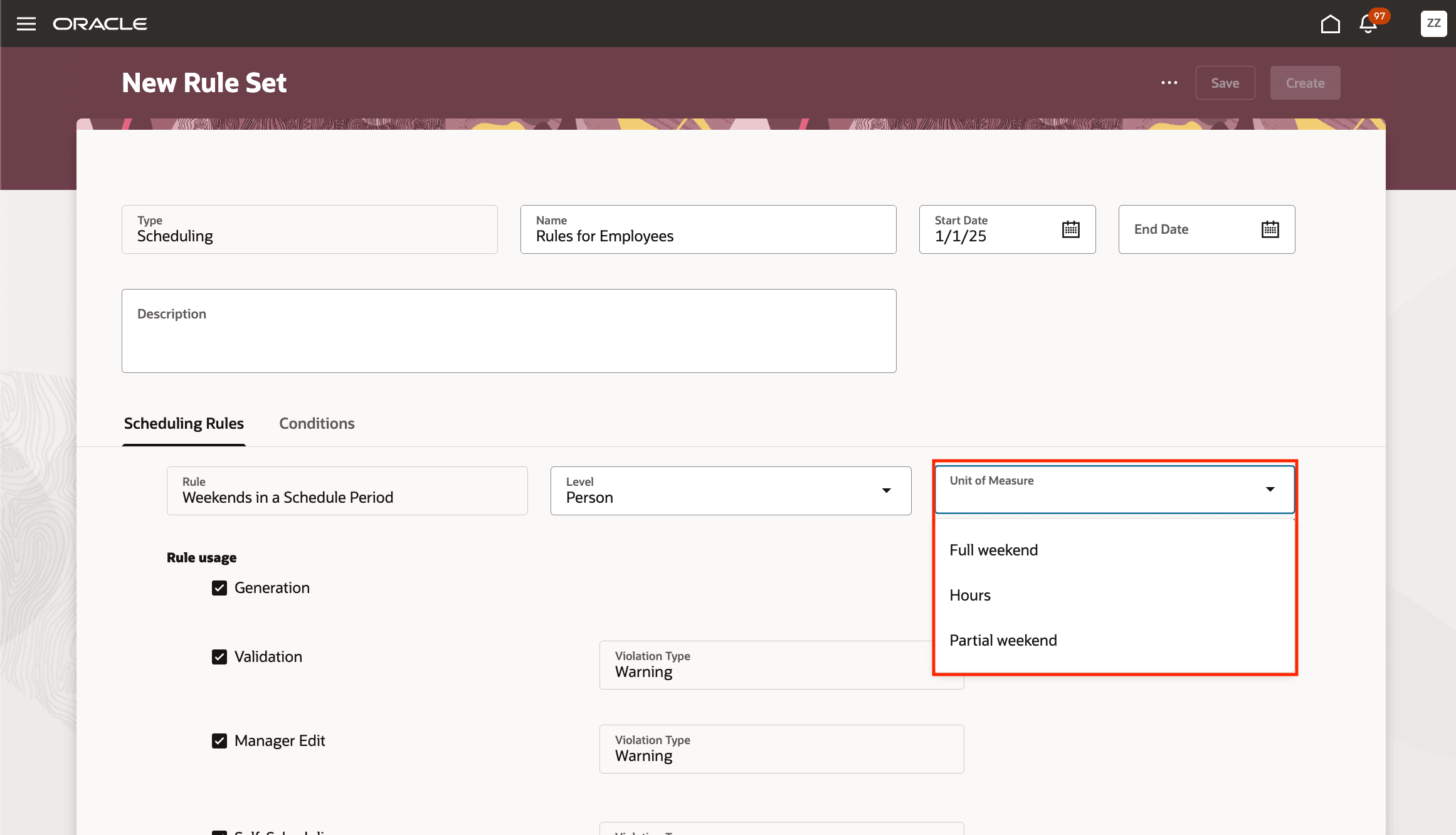 New Rule Set Page Showing the Unit of Measure Options for the Weekends in a Schedule Period Rule