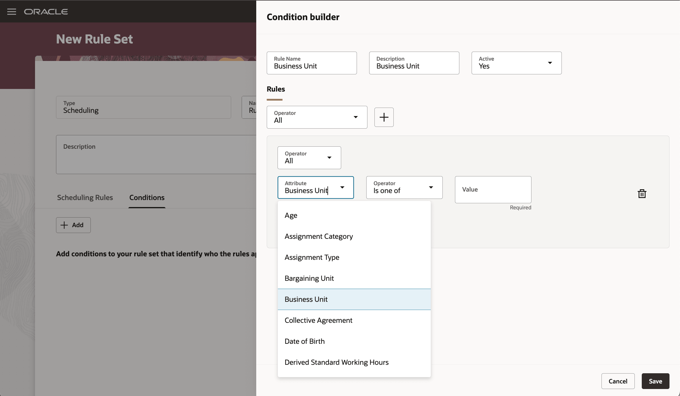 Condition Builder Drawer Showing the Attribute List with Business Unit Selected