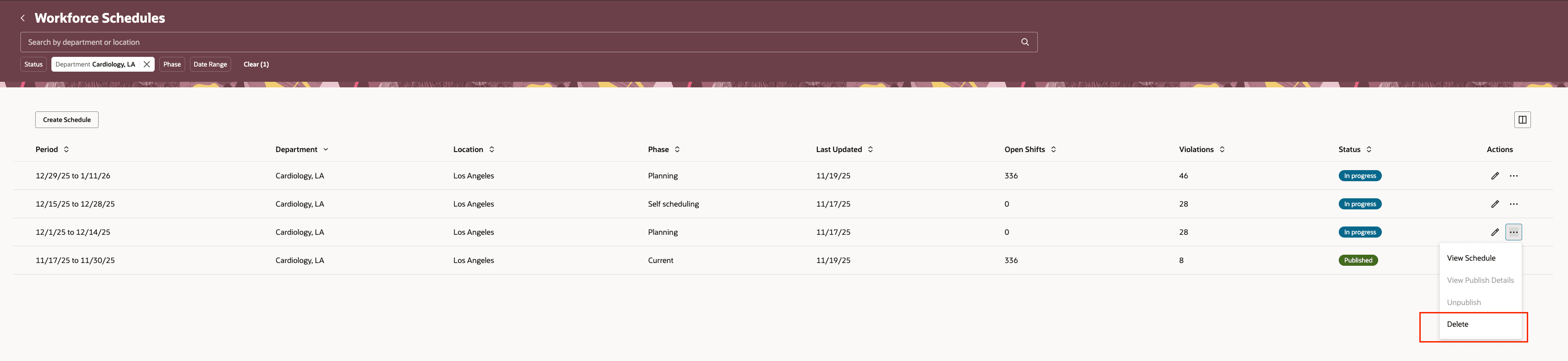 Row-Level Delete Action on the Workforce Schedules Page