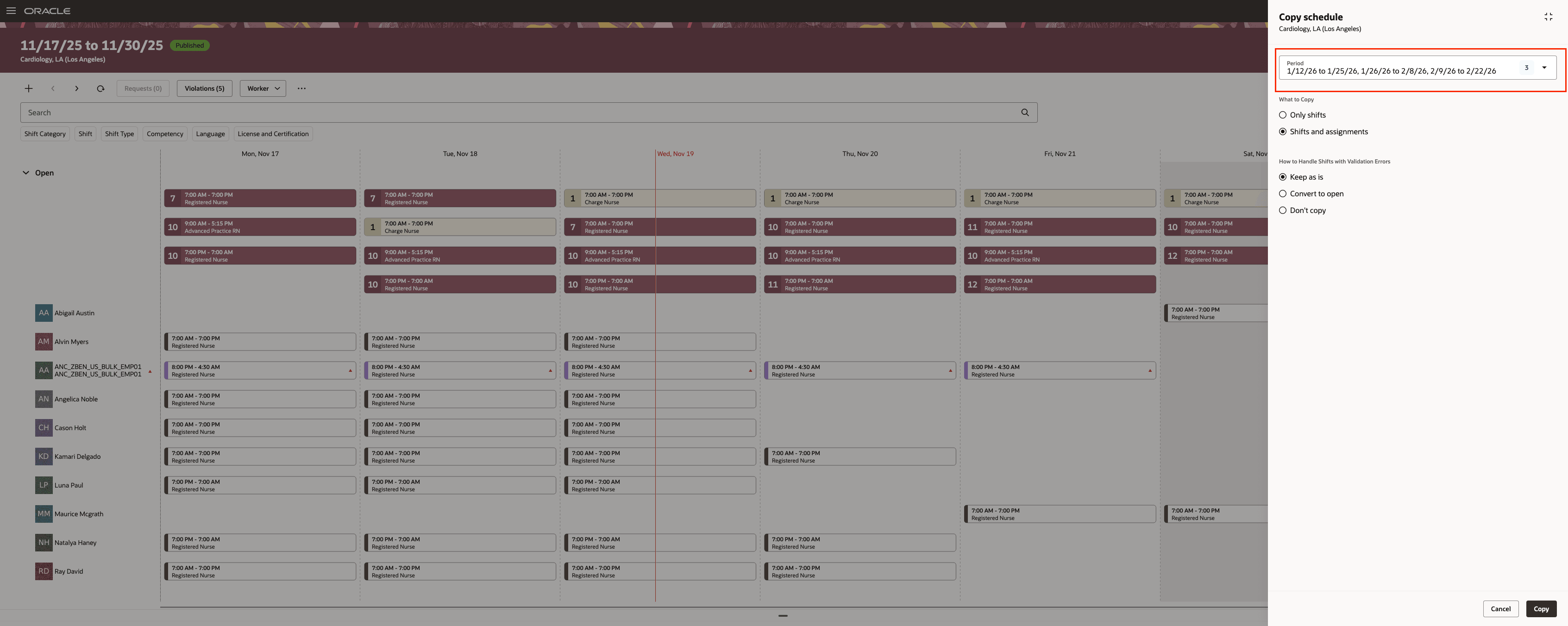 Workforce Schedule Page Showing the Copy Schedule Drawer