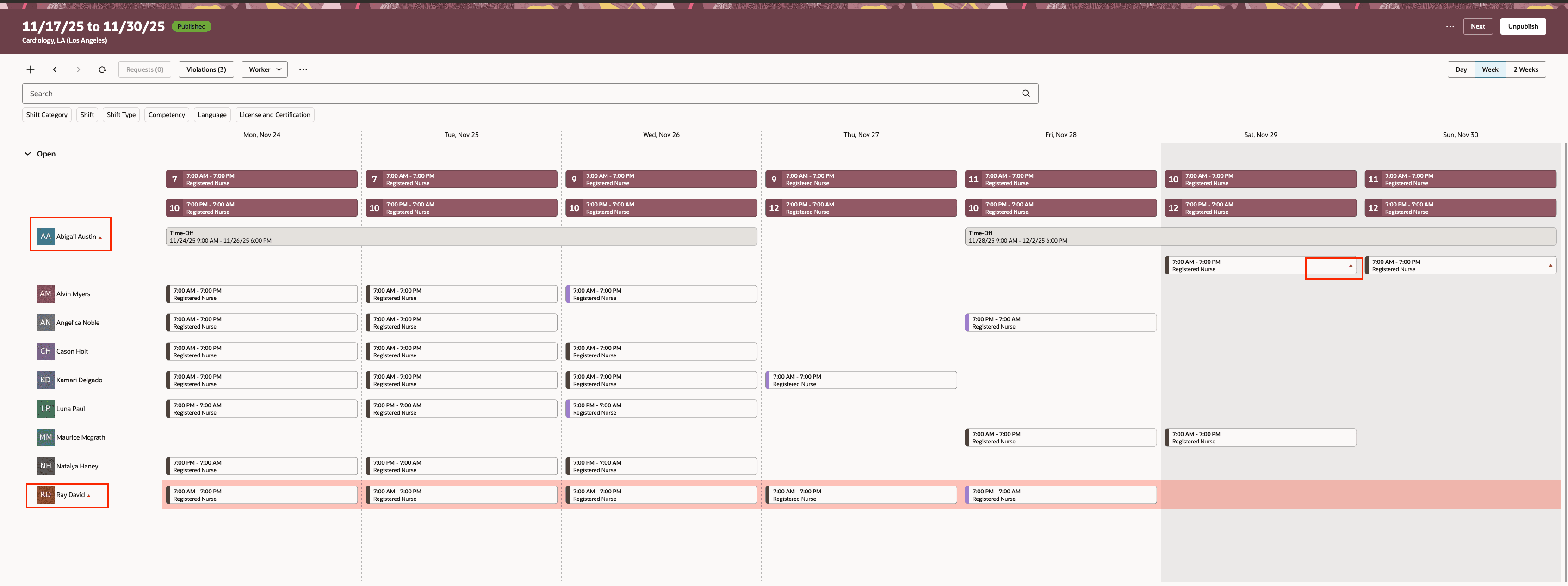 Workforce Schedule Showing Workers and Shifts with Violations